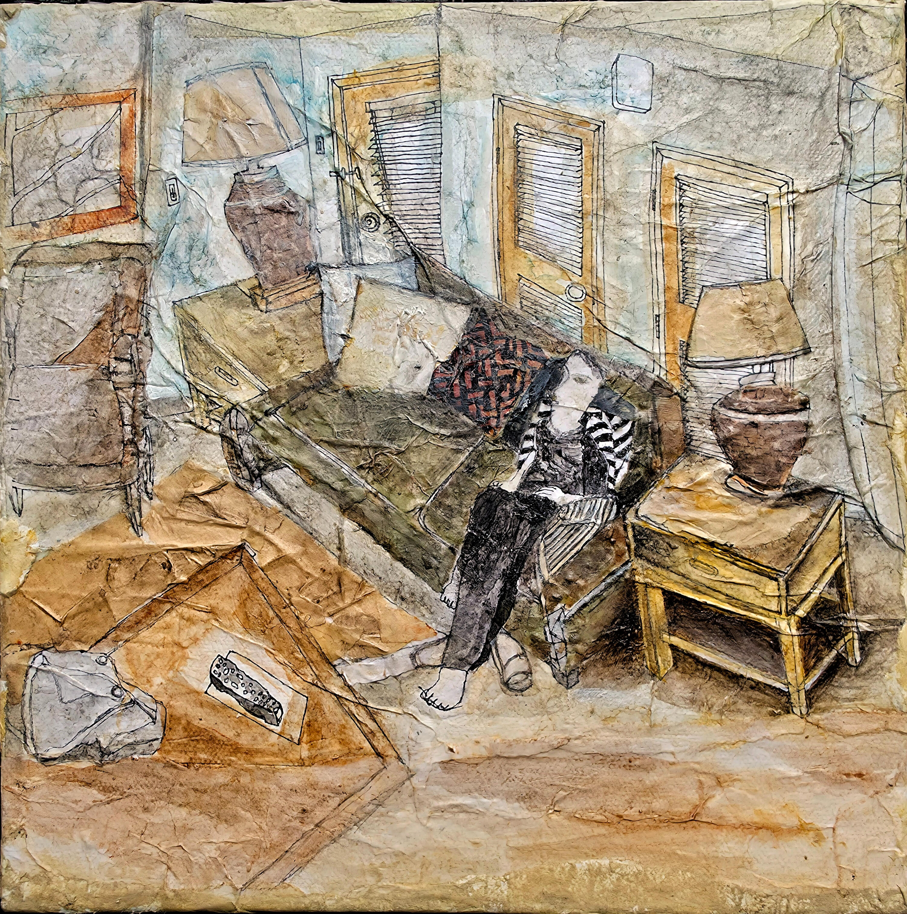 Mixed-media artwork depicting an interior room with a seated figure.